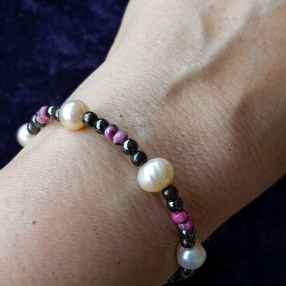 925 Sterling Silver Bracelet With Natural Earth Mined Rubies And Pearls - Picture 11 of 12